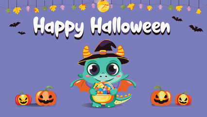 Happy halloween with dragon in witch hat holding candy bucket and pumpkins on a purple background