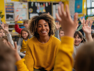 Teacher Interacting with Enthusiastic Diverse Students in Vibrant Classroom
