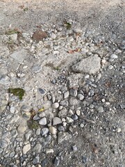 Close up textured view of a gravel driveway surface with small stones and debris scattered across...