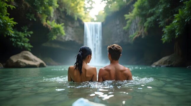 Couple enjoying waterfall in natural pool