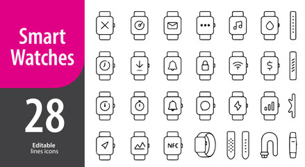 Smartwatches Line Icons, Fitness Tracker, Heart Rate, Notification Alert, Digital Display, Time Management, Editable Formats: AI, EPS, PNG, Ideal for Both UI and Print Media Use
