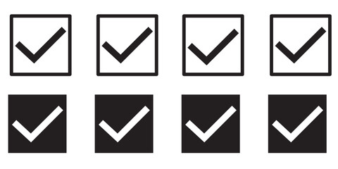 Check mark vector icon. Check box icon with correct, accept checkmark icons tick box, check list circle frame - checkbox symbol sign. check mark box square frame, Tick mark icon. Tick icon set.