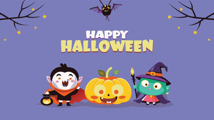 Cartoon halloween scene with vampire witch pumpkin bat and happy halloween text on purple background