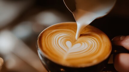 Latte art being created with milk pouring over a heart design.