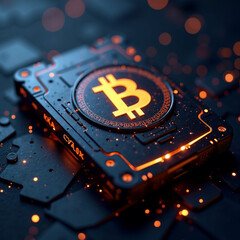 High-tech crypto wallet chip embedded in sleek metal surface, glowing blockchain data symbols, realistic metallic textures, no humans, modern product-style layout, dramatic lighting