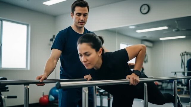 Physical Therapist Assisting Patient on Parallel Bars