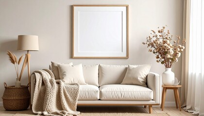 ベージュファブリック壁で演出する北欧風額縁モックアップ