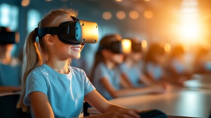 A happy child wearing a virtual reality headset smiles while experiencing an immersive digital world, surrounded by other children in a sunlit classroom, highlighting innovative education. - Powered by Adobe