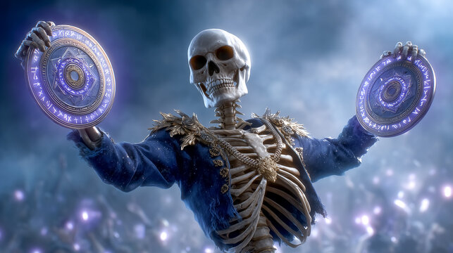 Skeleton poses with glowing circular objects in a dramatic environment. Enigmatic atmosphere enhanced by soft purple lights. Concept of fantasy, entertainment, gaming