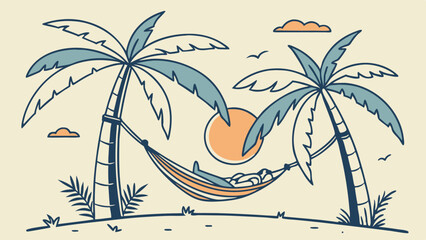 A person relaxing in a hammock strung between two palm trees on a beach with the sun setting.
