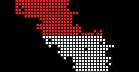 Fototapeta premium A minimalistic pixel art design showcases a red, pixelated shape cascading onto a white, blocky figure against a stark black backdrop, creating a contrast of retro aesthetics