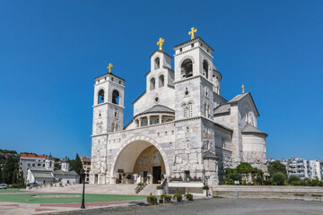 Obraz premium Front view of the Cathedral of the Resurrection of Christ in Podgorica, Montenegro with bell towers and arch entrance