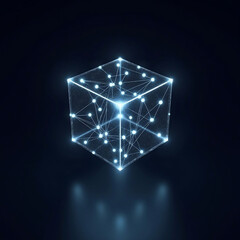 Floating 3D transparent data cube with glowing nodes connected via blockchain pathways, dark background, minimal futuristic aesthetic, glowing points and edges, no text or lifeforms