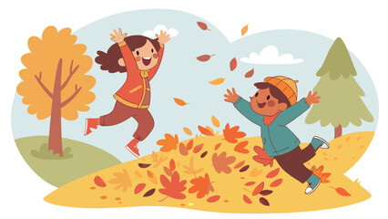 Two happy children jumping and playing in a pile of colorful autumn leaves in a park.
