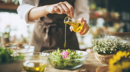 Person pouring oil into a salad bowl.