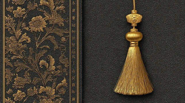 Dark gray background with gold floral pattern and tassel