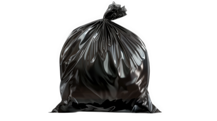 Filled Black Plastic Trash Bag Isolated on Transparent Background