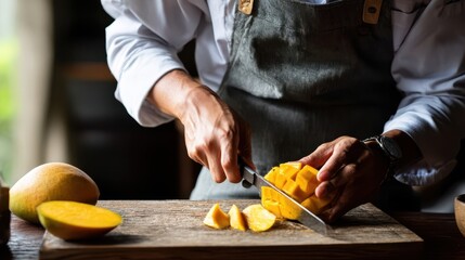 Person cutting a mango into cubes on a wooden board.