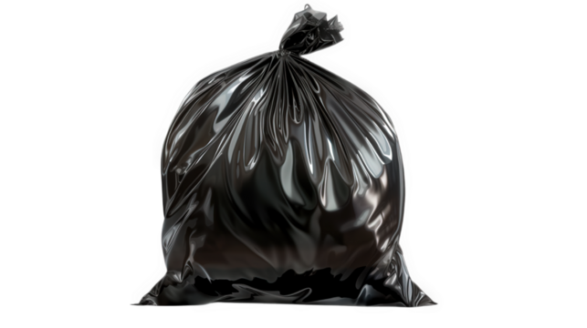 Filled Black Plastic Trash Bag Isolated on Transparent Background