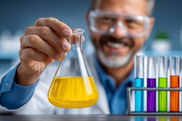 Scientist smiling while holding yellow liquid in conical flask, clean laboratory setting with various colorful test tubes on table