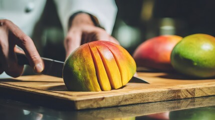 Fototapeta premium Mango slices being prepared on a wooden cutting board.