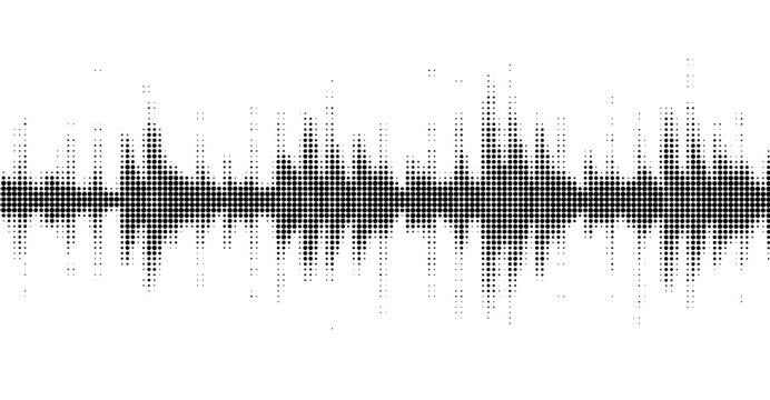 Halftone pattern shows a black and white sound wave shaped graphic, creating a visual representation of auditory data against a clean, contrasting white background