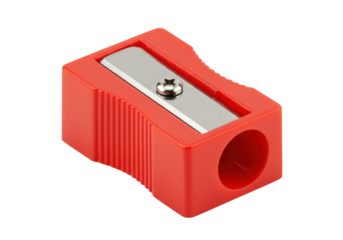 A vibrant red pencil sharpener with a silver blade sits on a clean transparent background