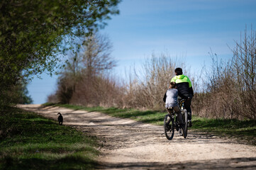 Naklejka premium Father and son enjoy a bike ride on a sunny day along a country path.
