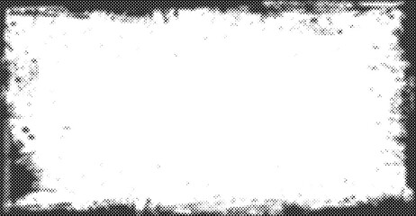 A black halftone frame with a textured border, presenting an irregular shape around a bright white space, ideal for backgrounds, creative layouts, or adding an abstract touch to designs