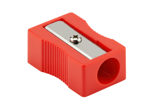 A vibrant red pencil sharpener with a silver blade sits on a clean transparent background