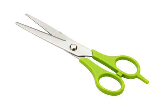 A pair of silver scissors with bright green handles is displayed against a transparent background