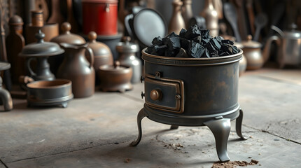 Vintage charcoal stove in rustic kitchen setting