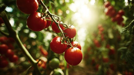 Obraz premium Ripe tomatoes on vine, greenhouse setting
