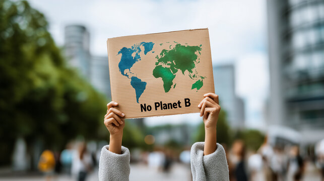 Person holds cardboard sign with No Planet B and world map at urban location. Message urges action for sustainability and climate change