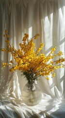 Fototapeta premium Beautiful yellow flower glass vase on a table in front of a window with white curtains photo.
