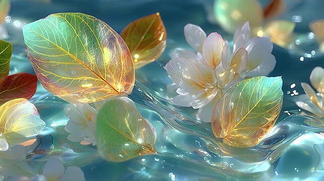 Airy clear fluid motion showing elegance and calm with spa tone leaf effect