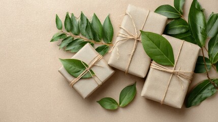 eco-wrapped gift boxes with twine and leaves on beige background.