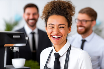 Barista joyfully serves coffee while looking at camera, surrounded by supportive coworkers in modern café setting. Concept of coffee shop, teamwork, hospitality