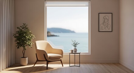 Minimalist Interior With Ocean View Through Large Window