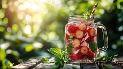 Refreshing strawberry infused water in a mason jar, surrounded by greenery and sunlight