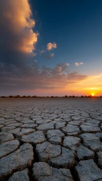 Sunset over cracked, dry desert landscape with sparse vegetation under cloudy skies.
