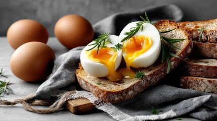 Breakfast featuring boiled eggs and toasted bread on a white table with a gray background in a cozy setting