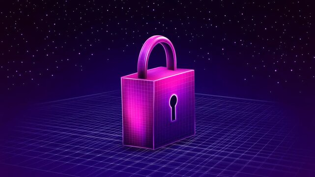 Glowing Pink Padlock on a Digital Grid Background, Representing Cybersecurity and Data Protection.