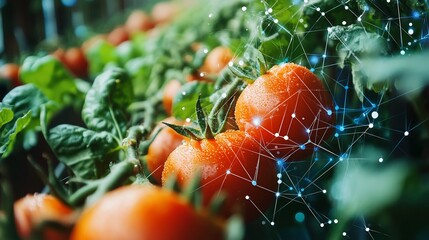 Smart Farming: Tomatoes with Digital Network Overlay Representing Technology
