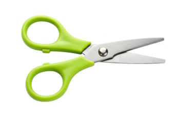 A pair of greenhandled scissors with metal blades, isolated on a transparent background