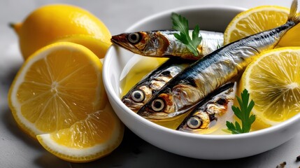 Fresh anchovies served on lemon slices in a dish with vibrant colors and appealing presentation on a clean white surface