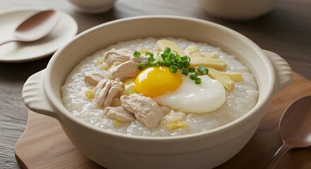 Delicious Chicken and Egg Congee in a Clay Bowl: A Warm and Comforting Asian Rice Porridge Recipe