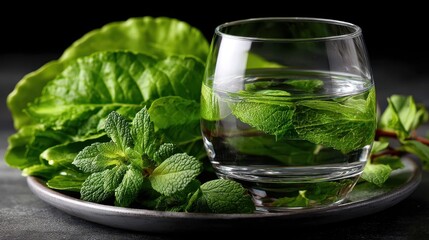 Fresh mint leaves on gray plate and in glass water create a refreshing display on dark background