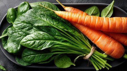 Fresh spinach leaves and carrots arranged on a dark plate highlighting their vibrant colors and natural textures