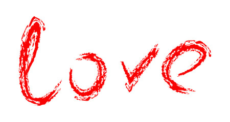 Love word written in expressive red brush strokes with a grunge, hand painted texture. Artistic calligraphy design perfect for Valentine's Day, romantic greeting cards, posters, t-shirts, social media